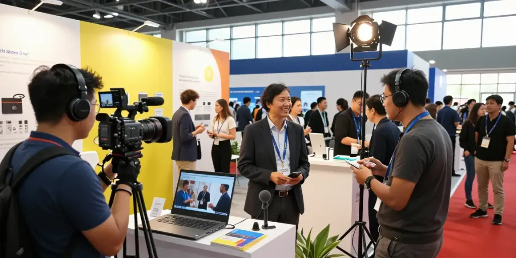 Engaging trade show videography Long Beach, California, capturing professionals networking at a vibrant convention.