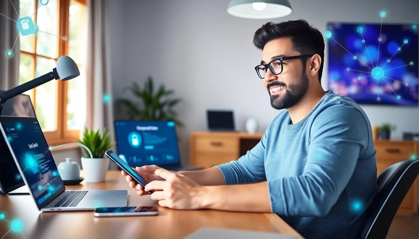Explore seamless connectivity with 快连官网 showcasing secure network access on various devices in a modern home office.