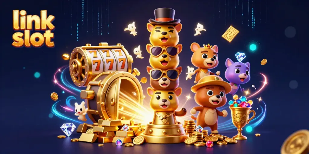 Spin the link slot reels and unlock golden treasures in this vibrant casino scene.