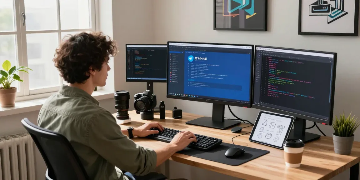 Developer working on 纸飞机中文版 interface in a modern workspace with multiple screens and creative tools.