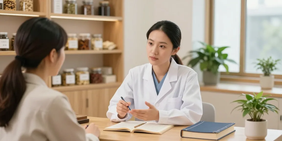 Consultation at 수원한의원 showing a practitioner advising a patient with herbal remedies.