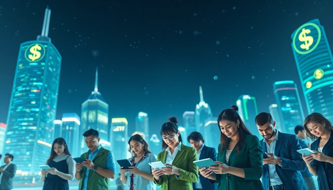Engaging scene of diverse individuals trading Crypto 2026 in a futuristic city.