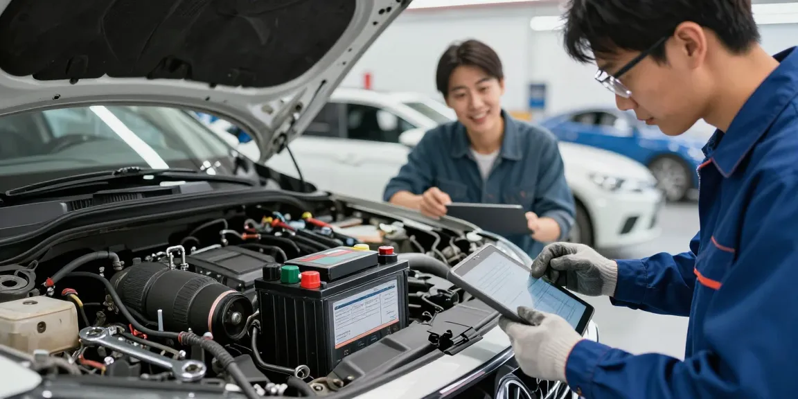Battery replacement services being performed by a technician in a professional workshop.