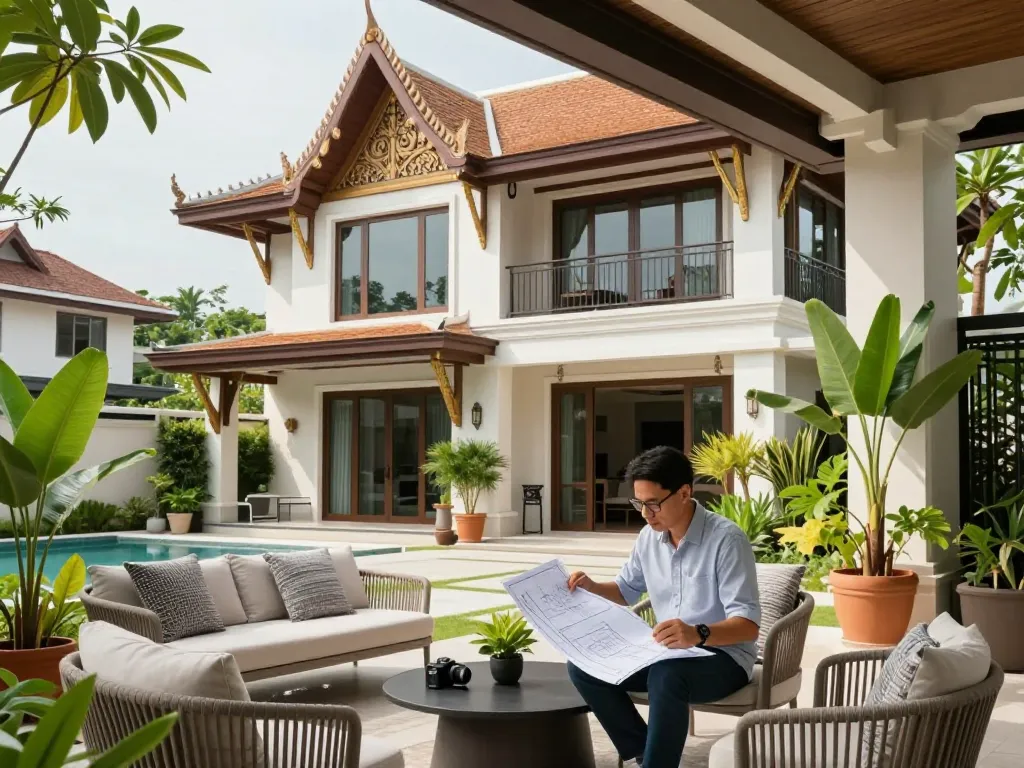 The innovative house design in Bangkok, featuring a modern architect reviewing blueprints outdoors, surrounded by greenery and stylish furnishings.