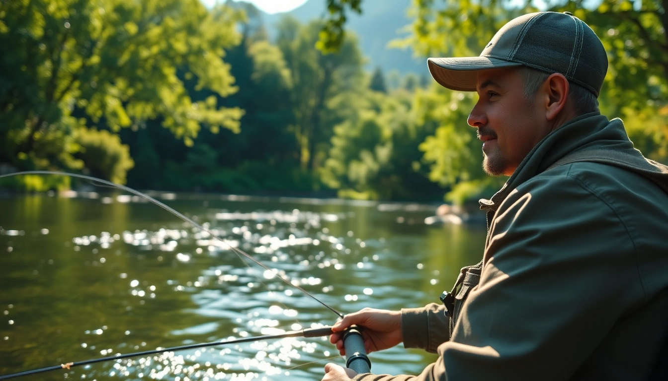 Engaged beginner practicing fly fishing for beginners by a serene river with lush surroundings.