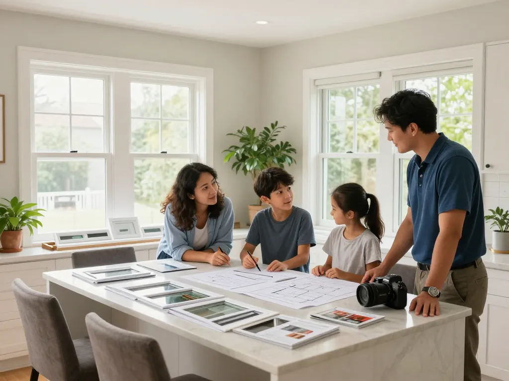 Family consulting on window replacement options in a bright kitchen, showcasing various window styles.