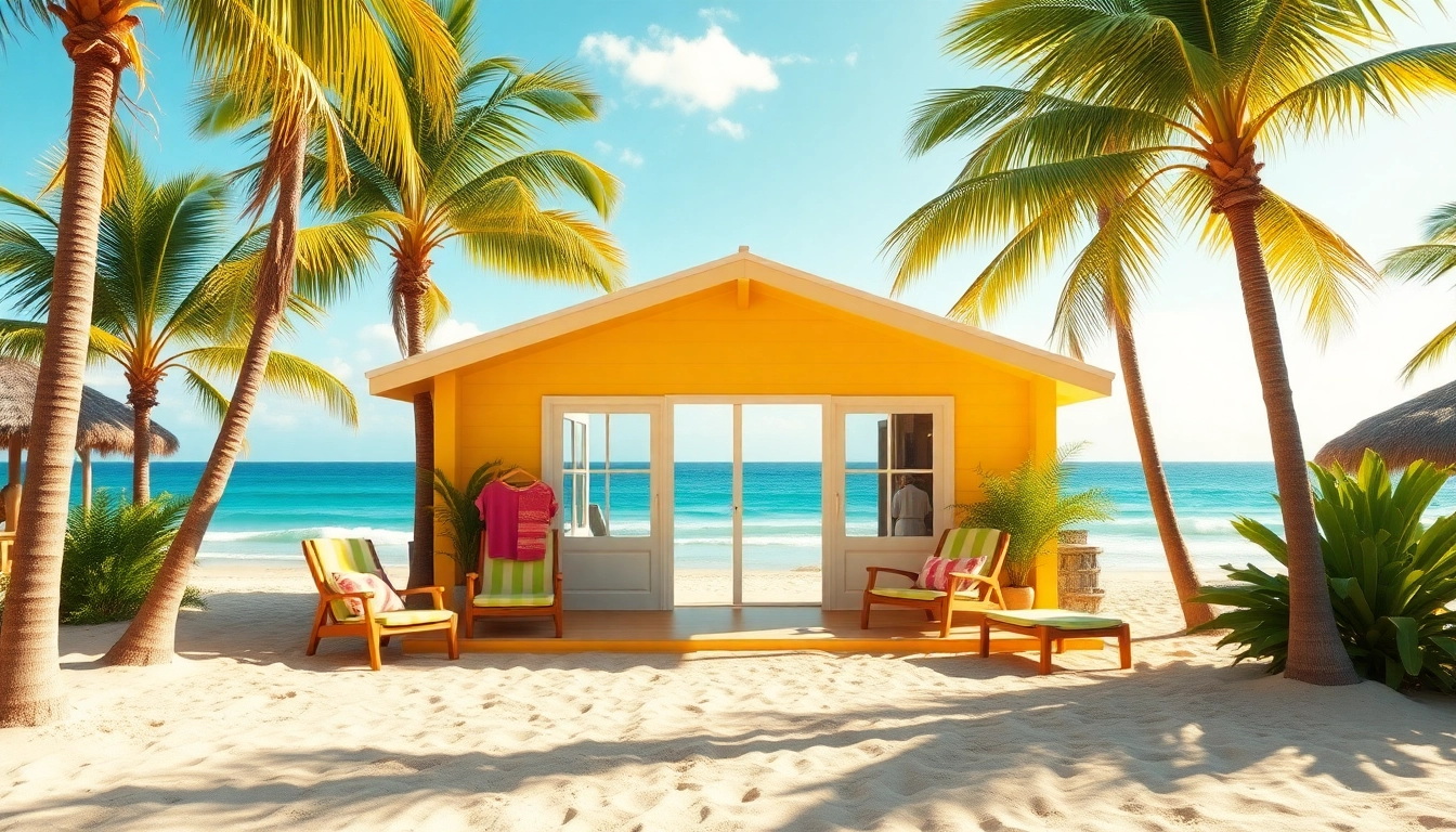 Relaxing view of a coastal cabana by the beach, showcasing vibrant colors and inviting ambiance.