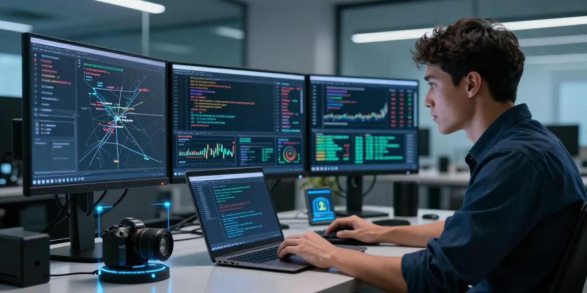 Expert recovering stolen cryptocurrency, analyzing screens in a modern security office.