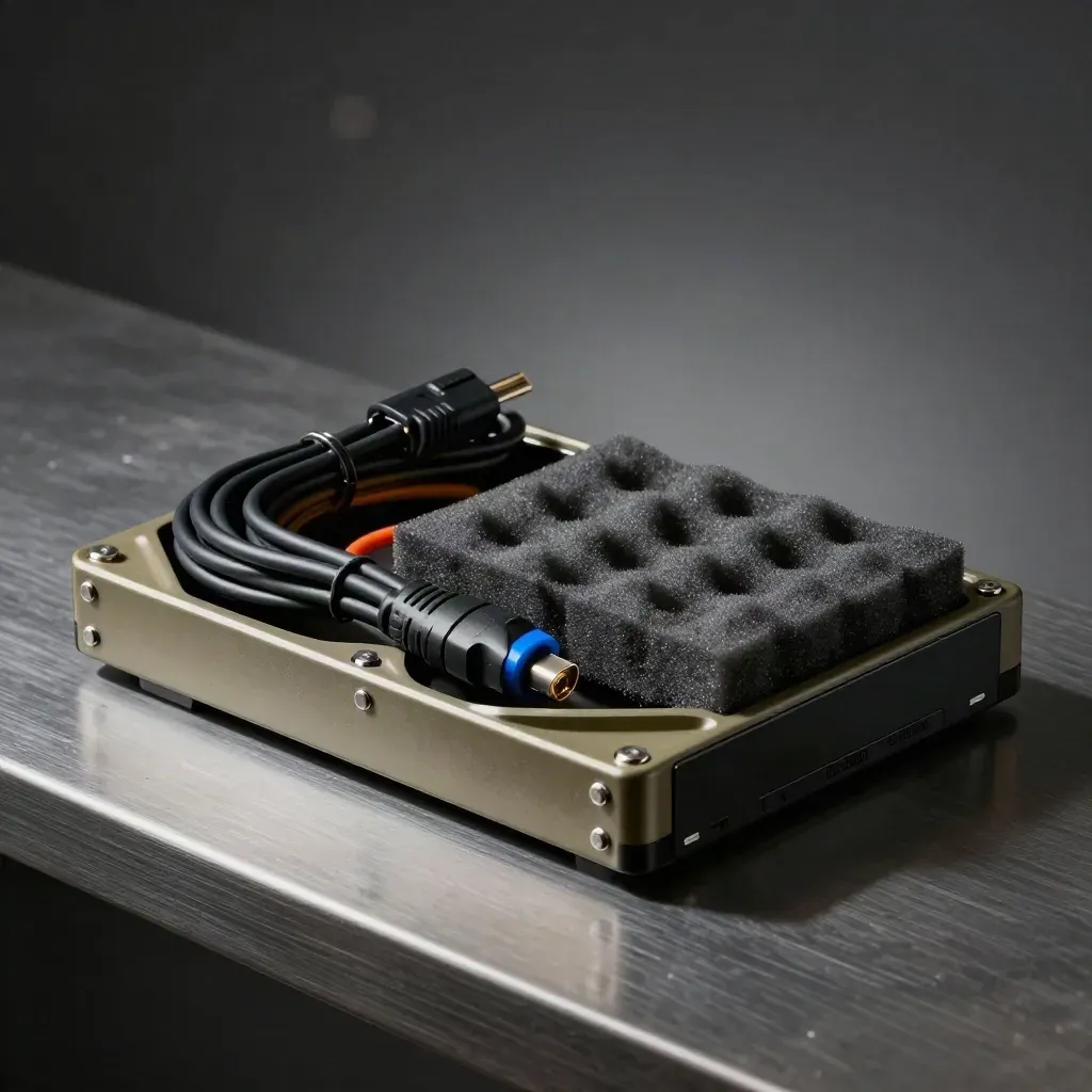 Server caddy, patch cables, and foam insert on brushed metal under dramatic light
