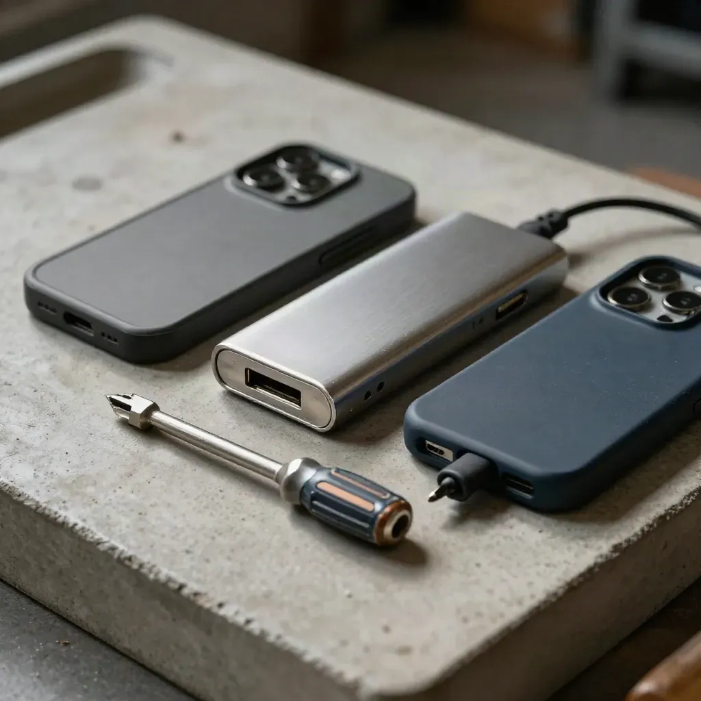 Macro of modular phone shells, USB hubs, and a tiny screwdriver case on a concrete repair bench.