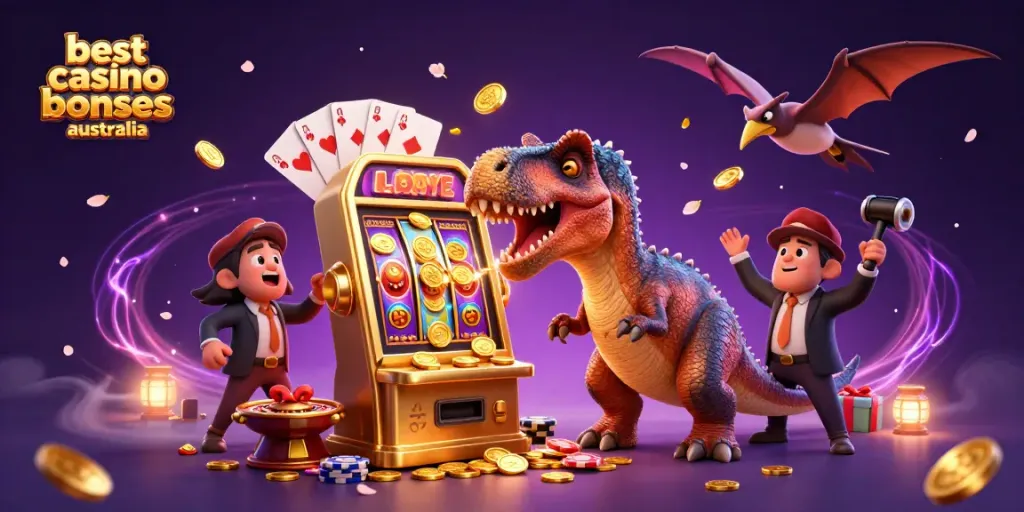 Experience the best casino bonuses Australia with a vibrant 3D illustration of exciting jackpots and dynamic characters.
