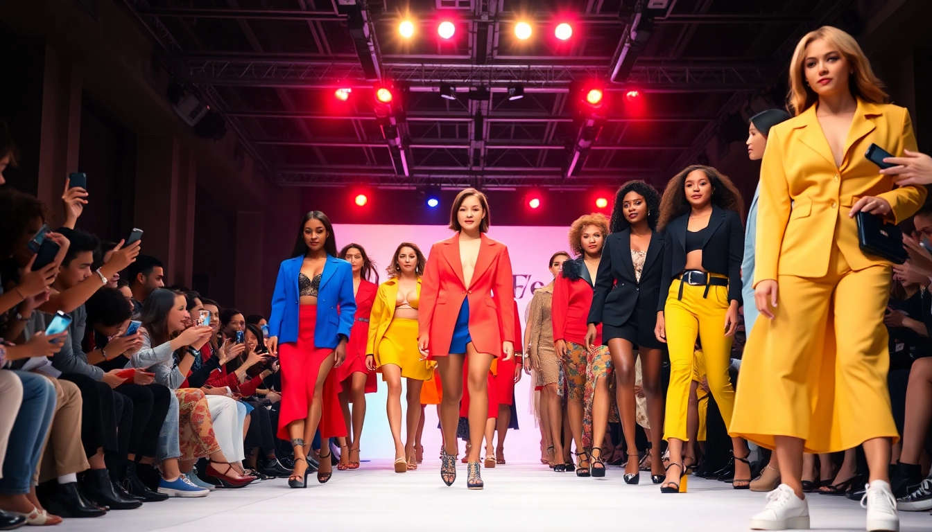 Fashion models showcasing diverse styles on the runway during a vibrant fashion show.