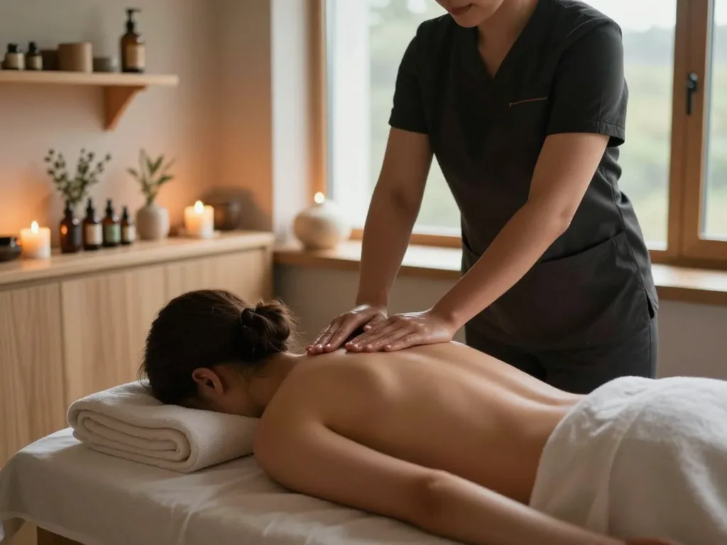 Swedish massage therapy session with calming atmosphere, soft lighting, and essential oils for relaxation.