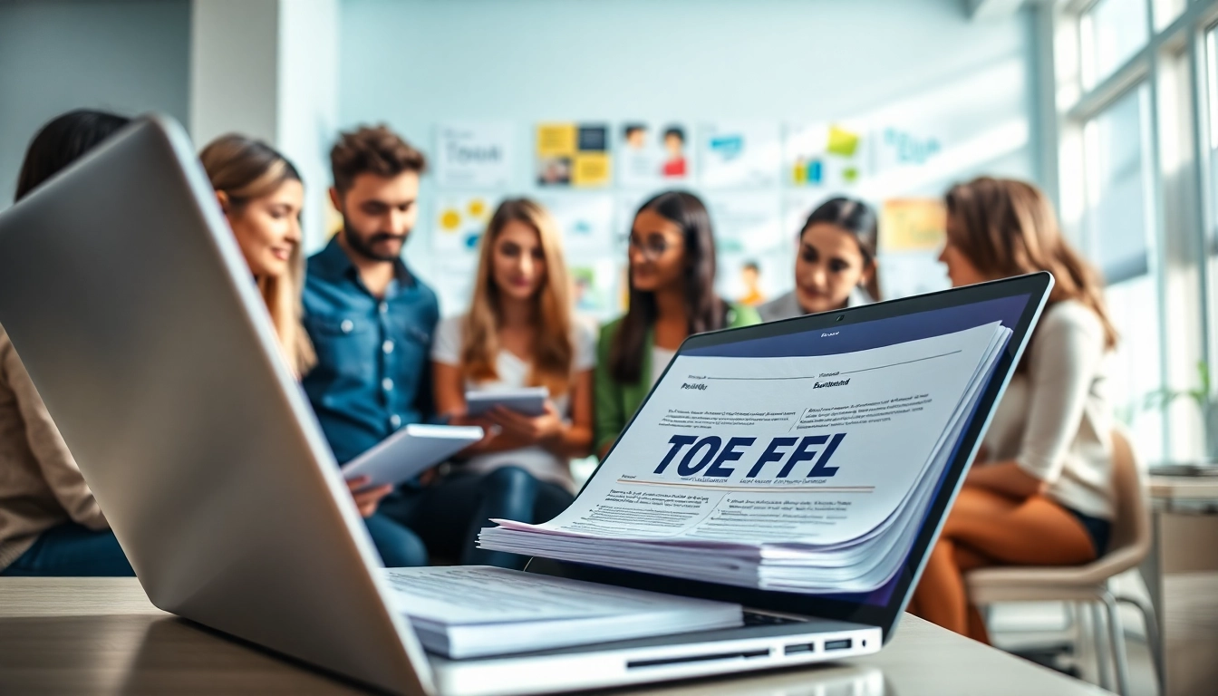 Engaged TOEFL test takers for hire collaboratively studying in a modern office setting.