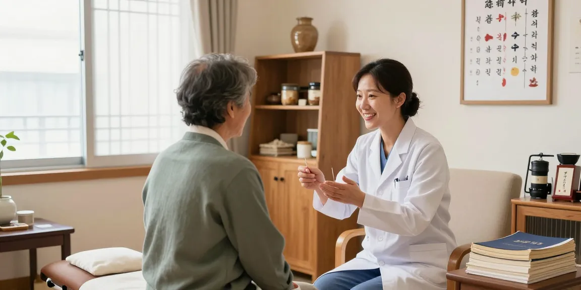 Patient being treated at 수원교통사고한의원 with traditional Korean medicine in a warm, inviting clinic.