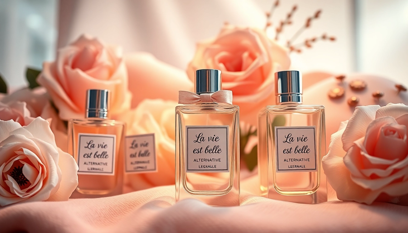 Showcasing La vie est belle alternative perfume bottles among flowers, highlighting luxury.