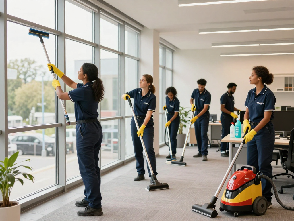 Professioneller Reinigungsdienst in Dortmund, Team bei der Arbeit, Sauberkeit und Qualität im Büro.