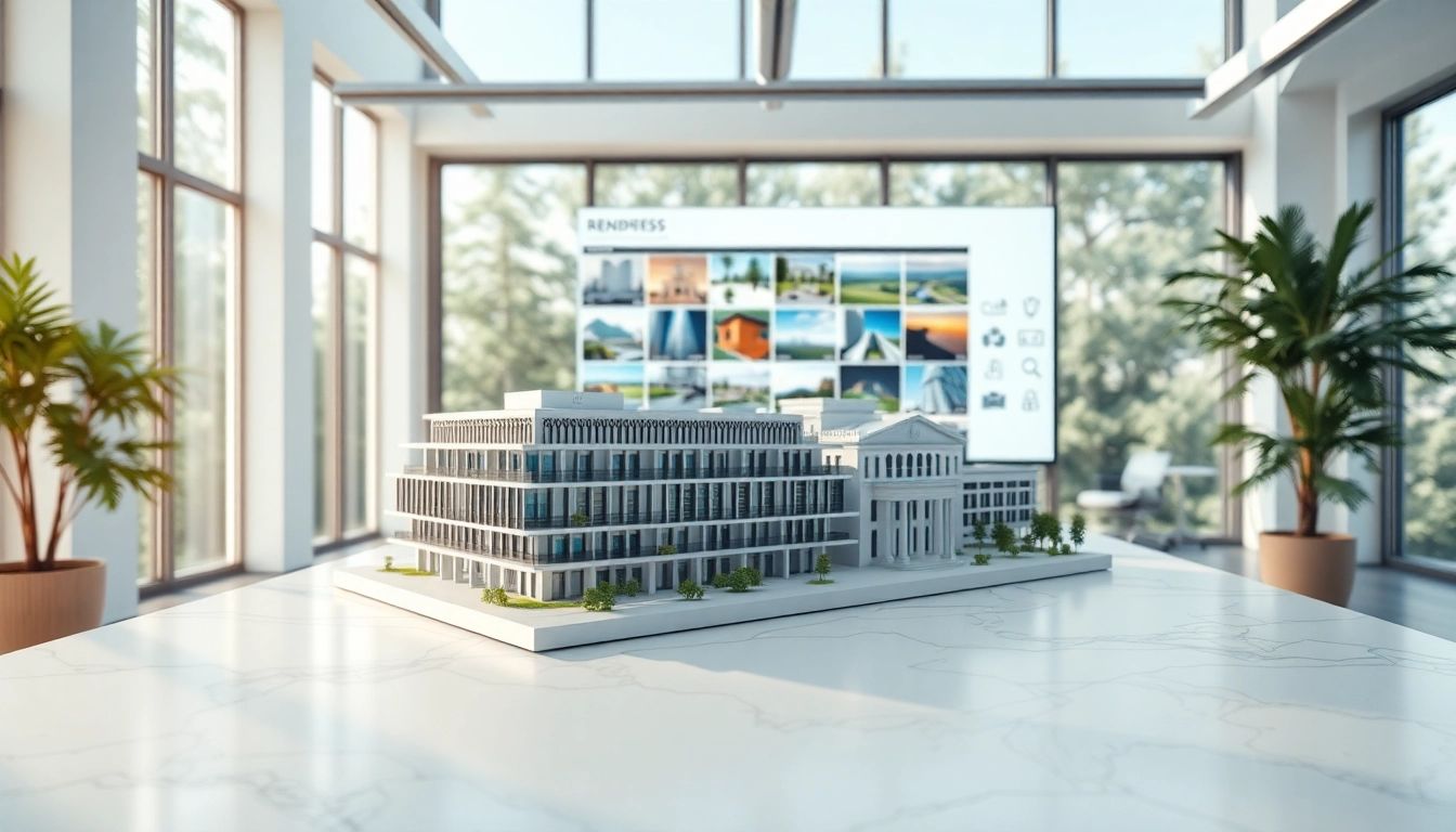 3D Visualisierung erstellen in einem modernen Büro mit Architekturdarstellungen.