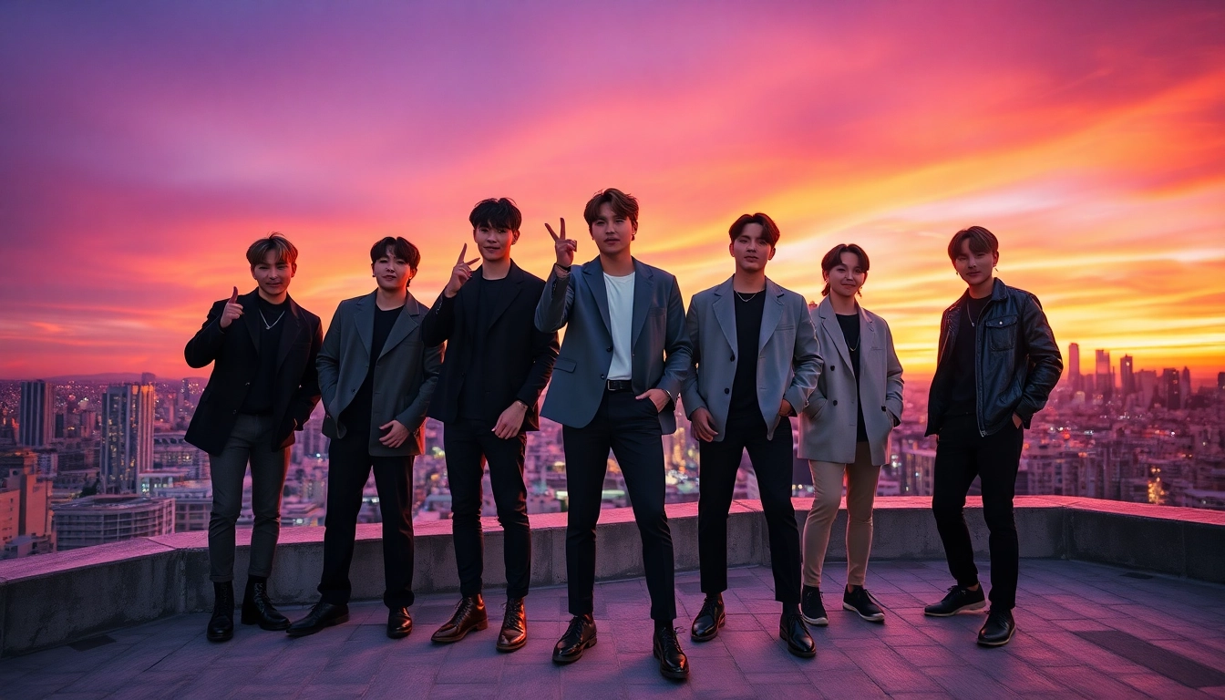 Engaging BTS news update showcasing the group in a vibrant urban setting during sunset.
