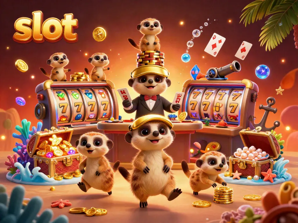 Animated meerkats operating a vibrant slot casino with colorful gems and vivid backgrounds.