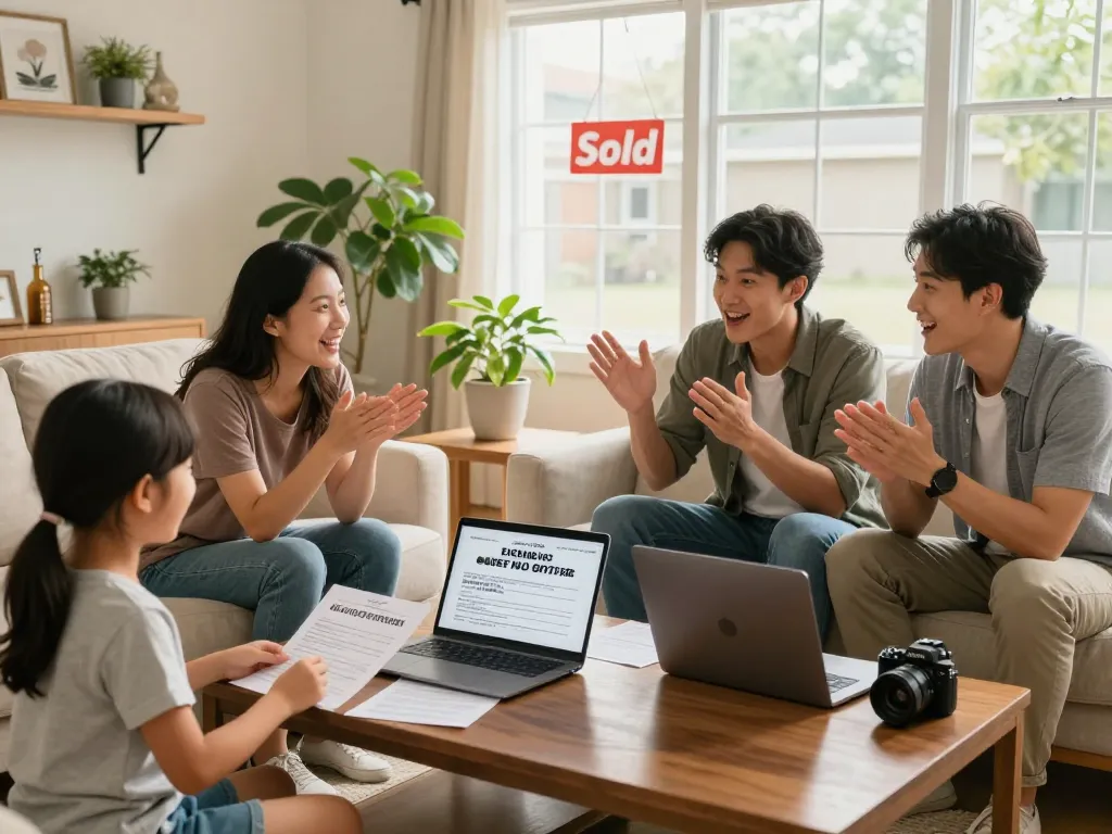 Sell my house fast for cash in a joyful home setting with family discussing offers.