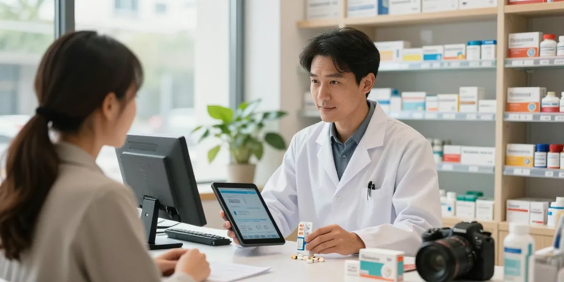 Comprar Kamagra with a pharmacist guiding a customer in a modern pharmacy.