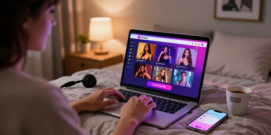 User enjoying an ai porn chat session on a laptop in a cozy bedroom with soft lighting and stylish decor.