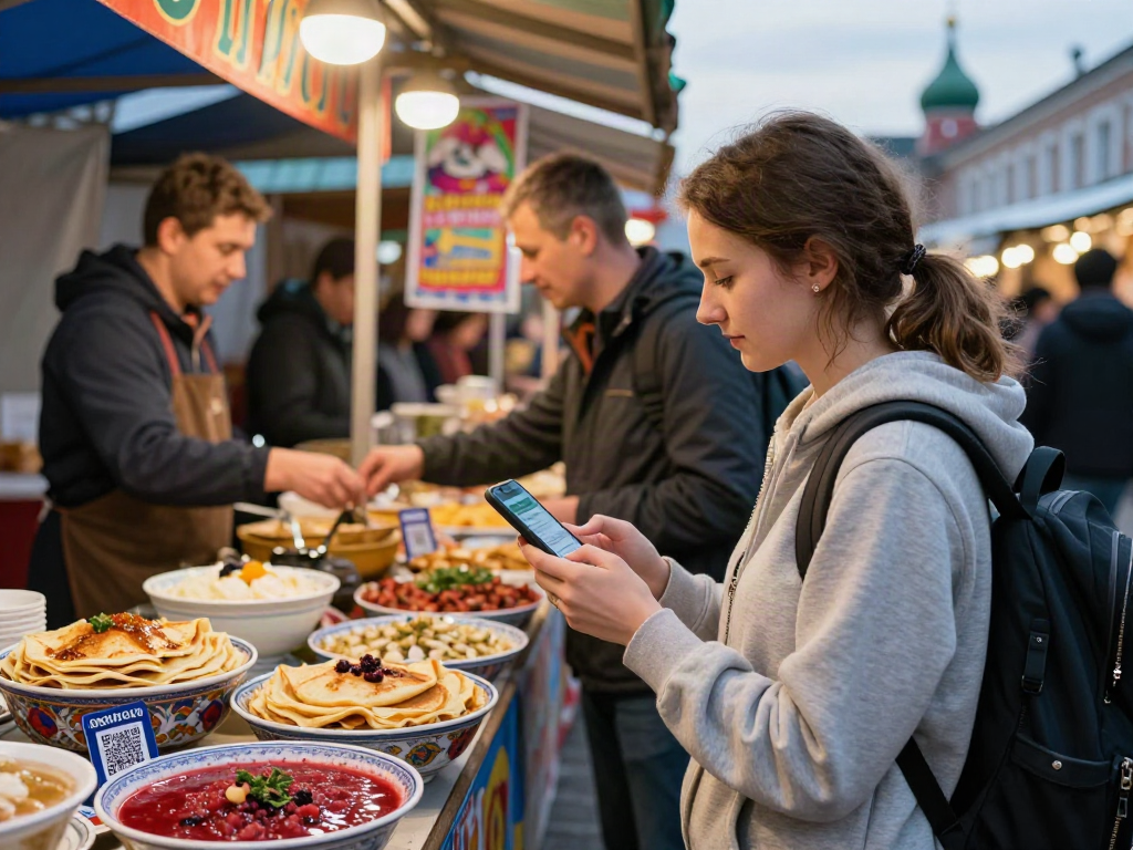 Pengunjung menggunakan https://payinrussia.com/ untuk membayar makanan lokal di pasar Rusia, menciptakan suasana ramai dan budaya yang kaya.