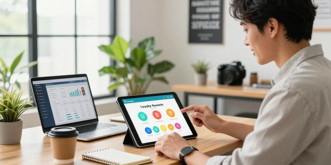 Small business owner using loyalty software to engage customers and track rewards in a bright office.