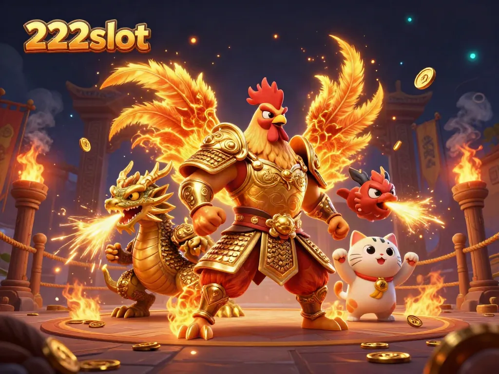 Permainan slot 222slot dengan karakter ayam petarung dan naga, penuh keberuntungan.