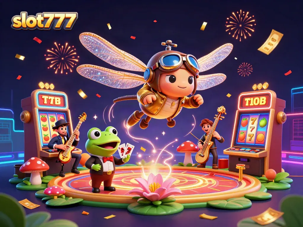 Slot777 menampilkan ilustrasi kasino imersif dengan karakter unik dan elemen permainan yang dinamis.