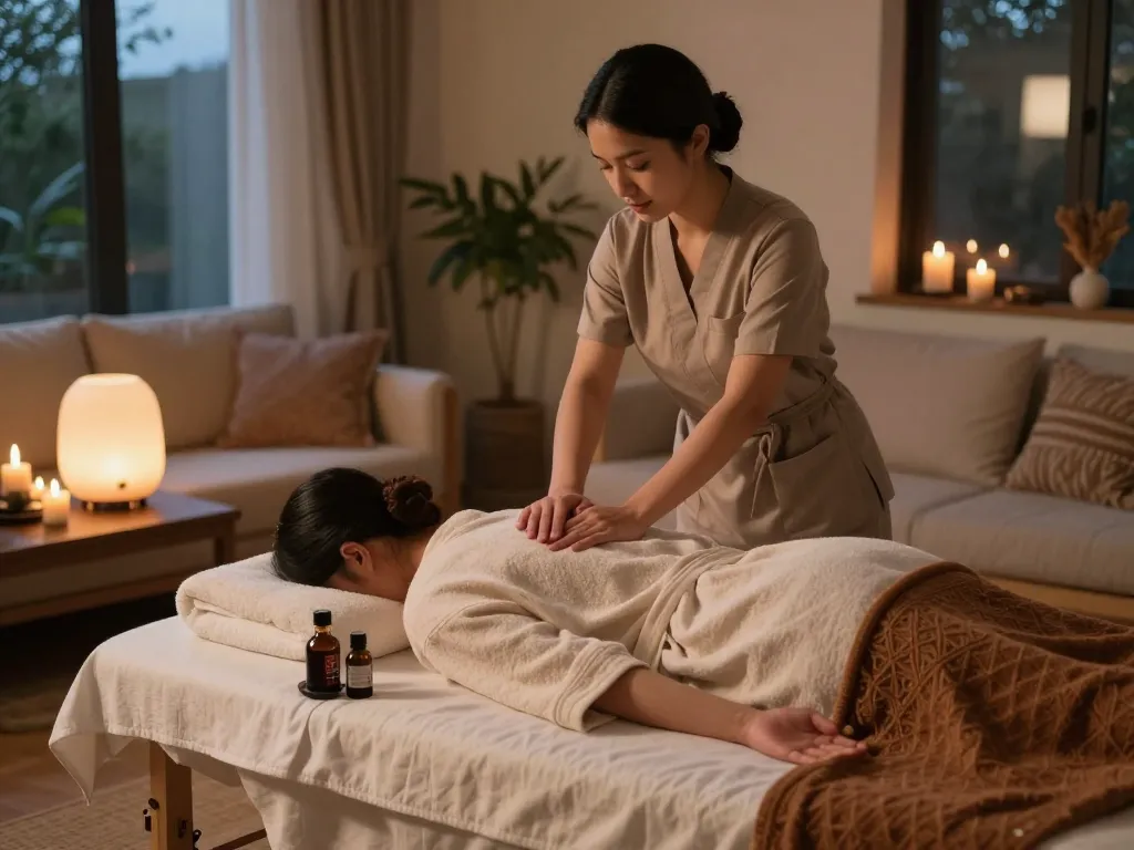 Professional massage therapy scene at maxim-anma.net showcasing a tranquil home environment with a therapist preparing for Thai massage.