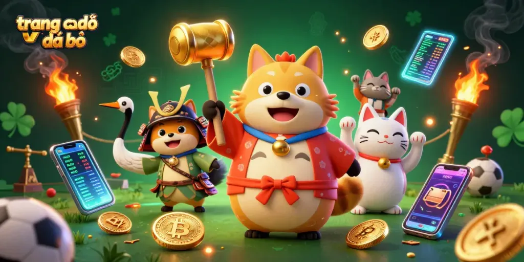 Khám phá trang cá độ đá bóng với hình ảnh 3D vui nhộn của chú tanuki và biểu tượng may mắn.