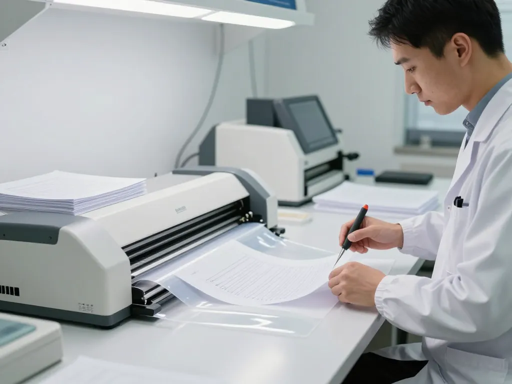 Bóc ép plasitc process in a modern workshop, technician professionally removing plastic from documents.