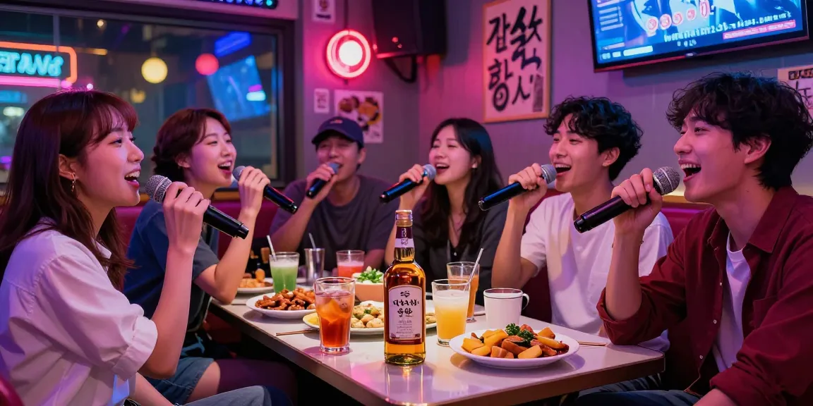 Friends enjoying 제주유흥 at a lively karaoke bar in Jeju, South Korea, with vibrant neon lights and whiskey.