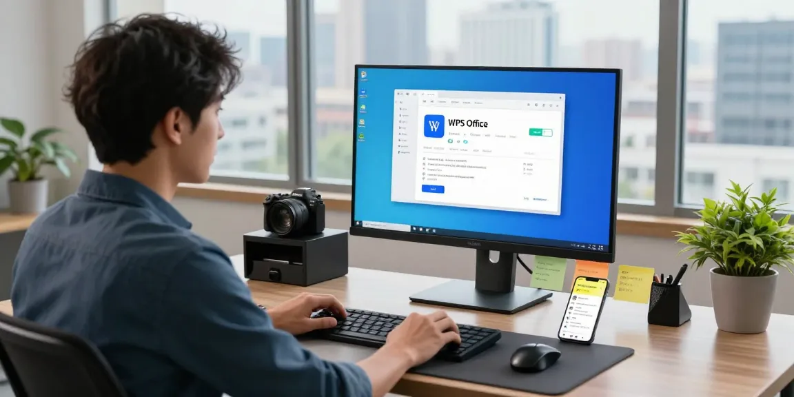 Download WPS Office in a vibrant tech workspace, featuring a professional engaged on a high-resolution monitor with productivity tools.