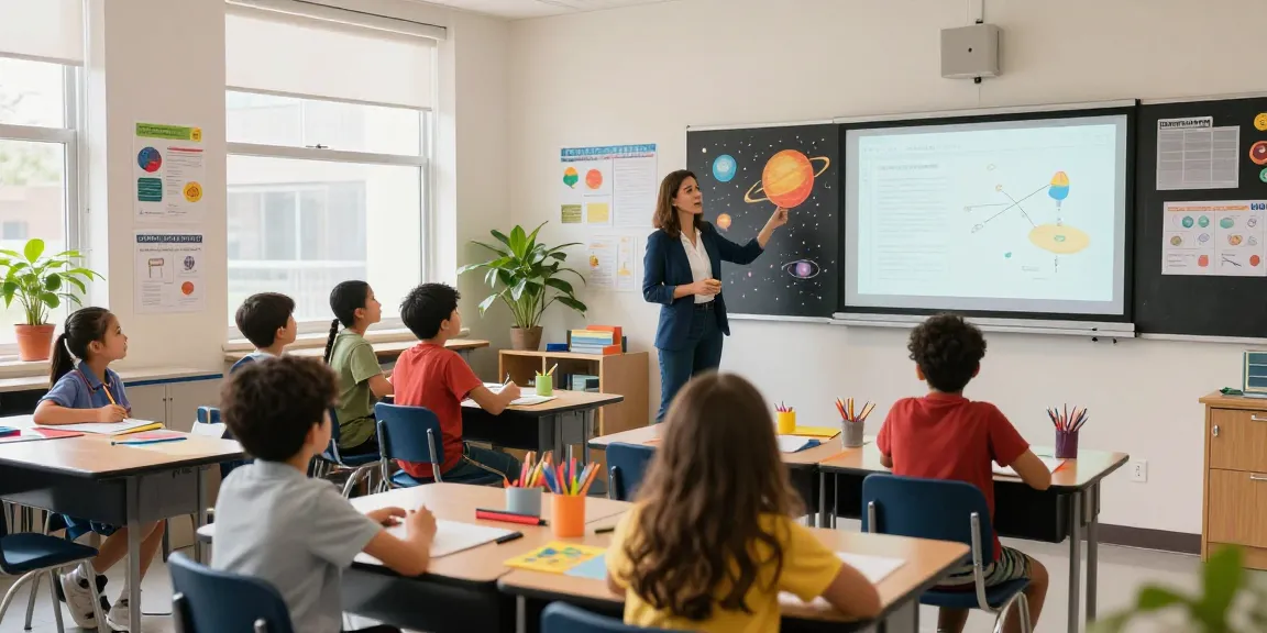 Vibrant classroom with a teacher presenting a solar system poster, capturing the essence of Poster Printers for schools.