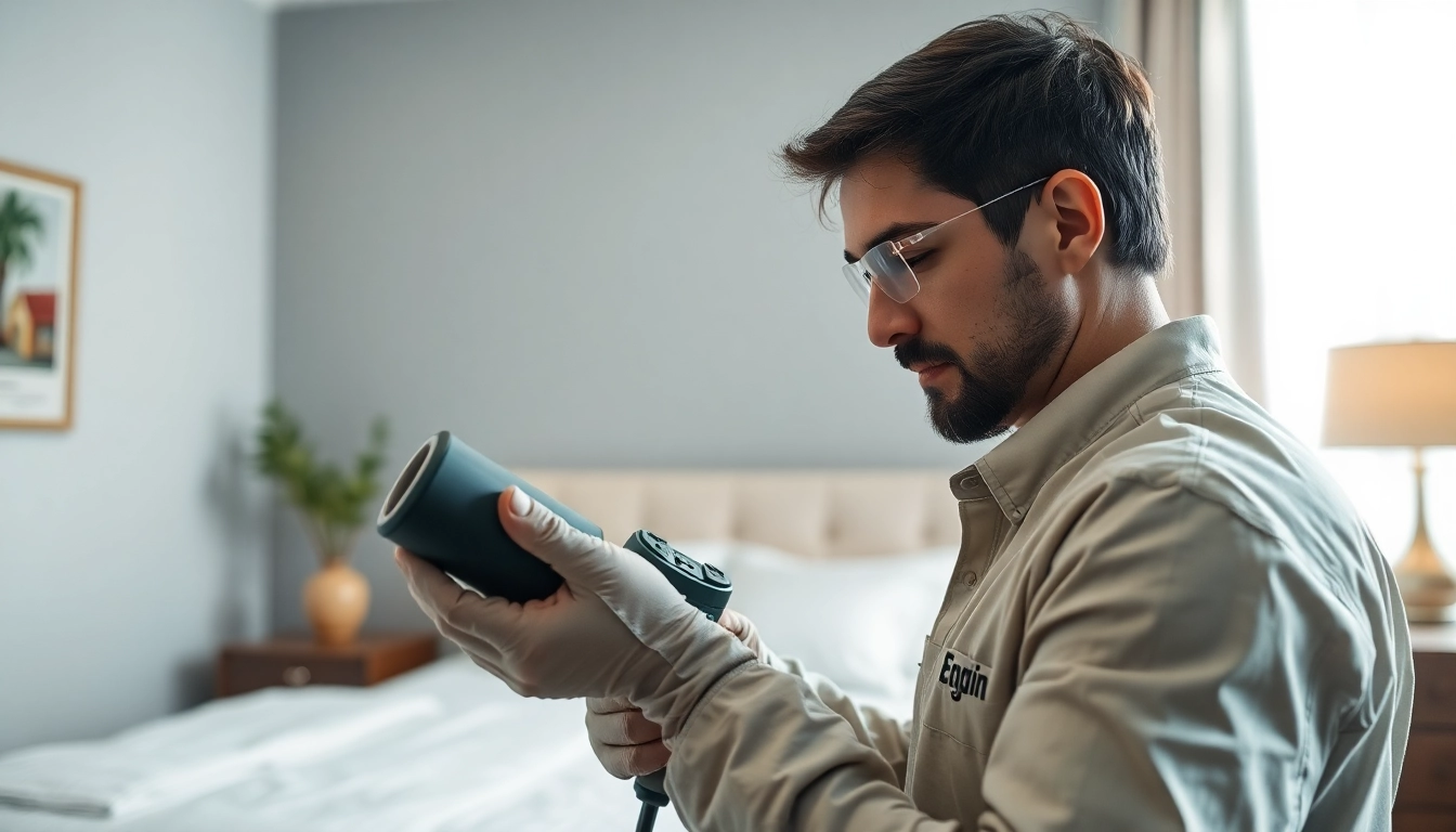 Expert performing bed bug removal in a clean bedroom, demonstrating pest control techniques.