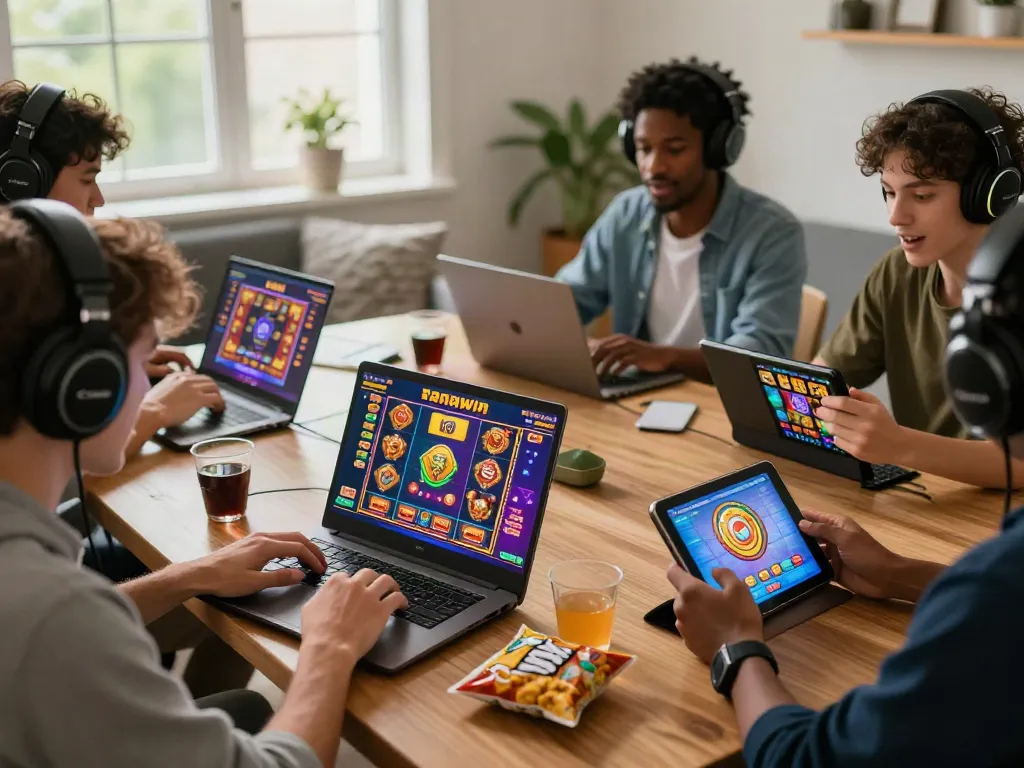 Players experiencing excitement and engagement with slot maxwin games across multiple devices in a dynamic home gaming atmosphere.