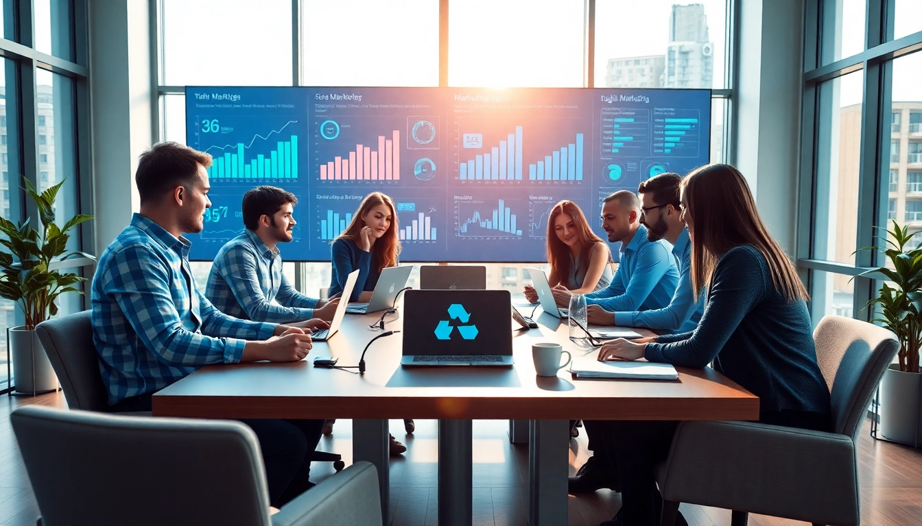 A dynamic workspace of a digital marketing company showcasing teamwork and technology.