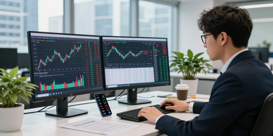 KOSPI market analysis in a financial office with index charts and analytics.