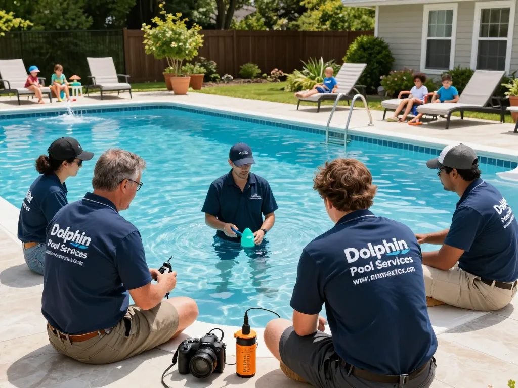 Dolphin Pool Services professionals conducting pool maintenance and leak detection in a sunny Virginia backyard.