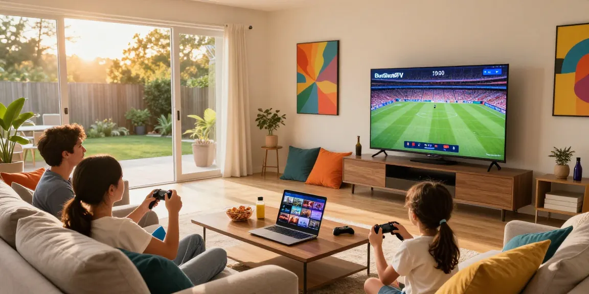 Family enjoying BlueSharkIPTV in a cozy living room with vibrant decor and snacks.