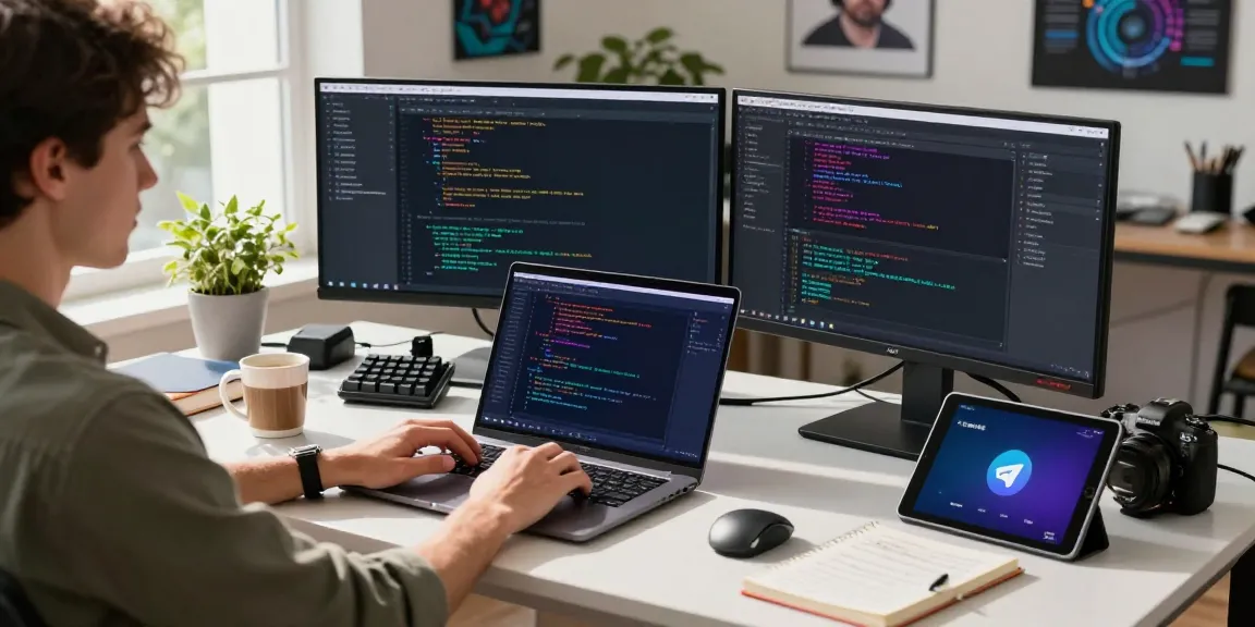 Developer configuring telegram中文 settings in modern workspace with coding tools and tech gadgets.