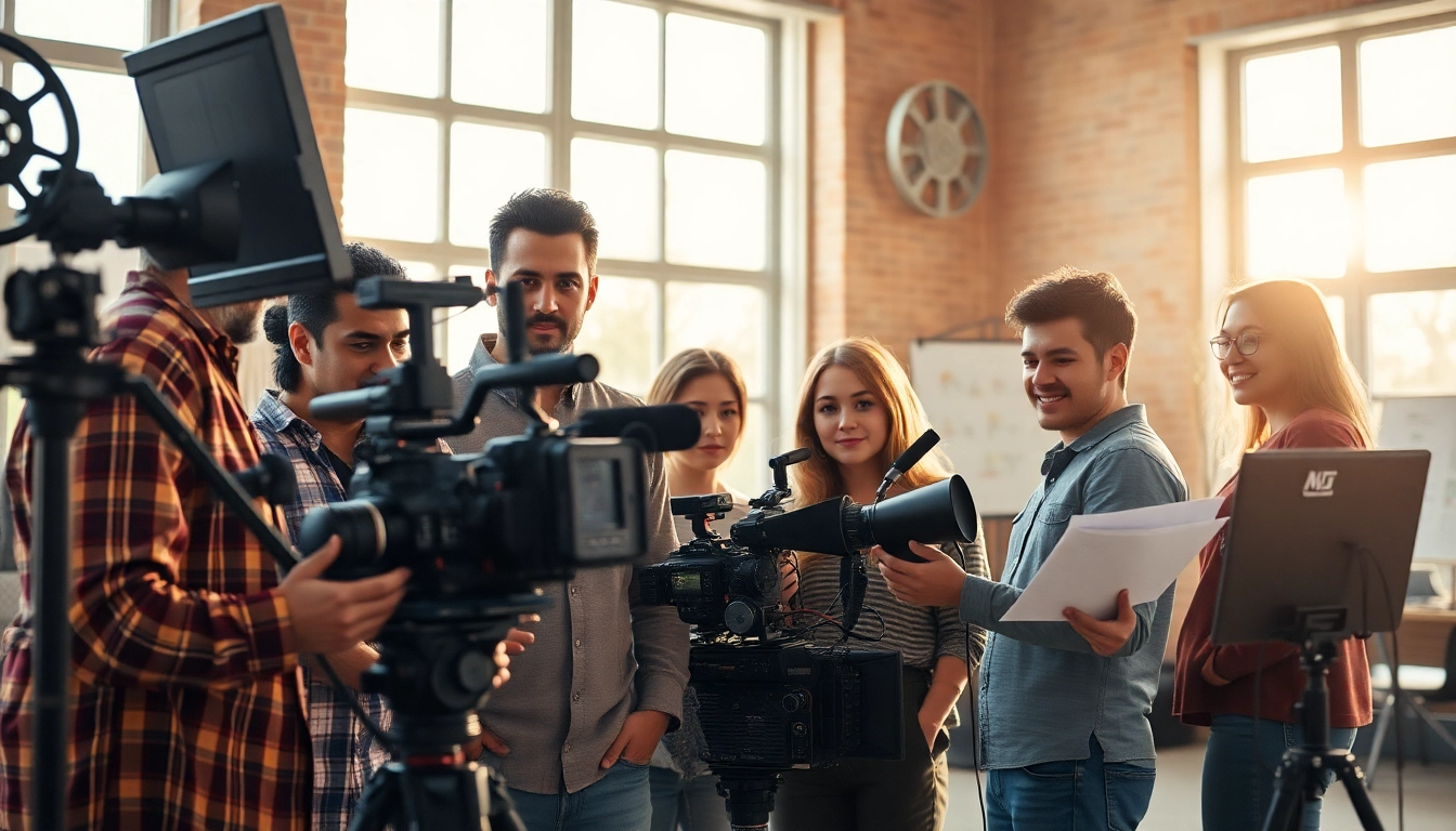 Team collaborating on a project at Oronto video production company with cameras and film equipment.