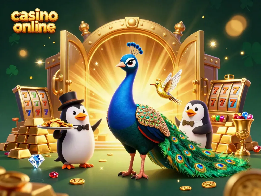 Disfruta de una experiencia de juego en el casino online con un pavo real, un pingüino mayordomo y un colibrí dorado en un rico entorno de tesoros.
