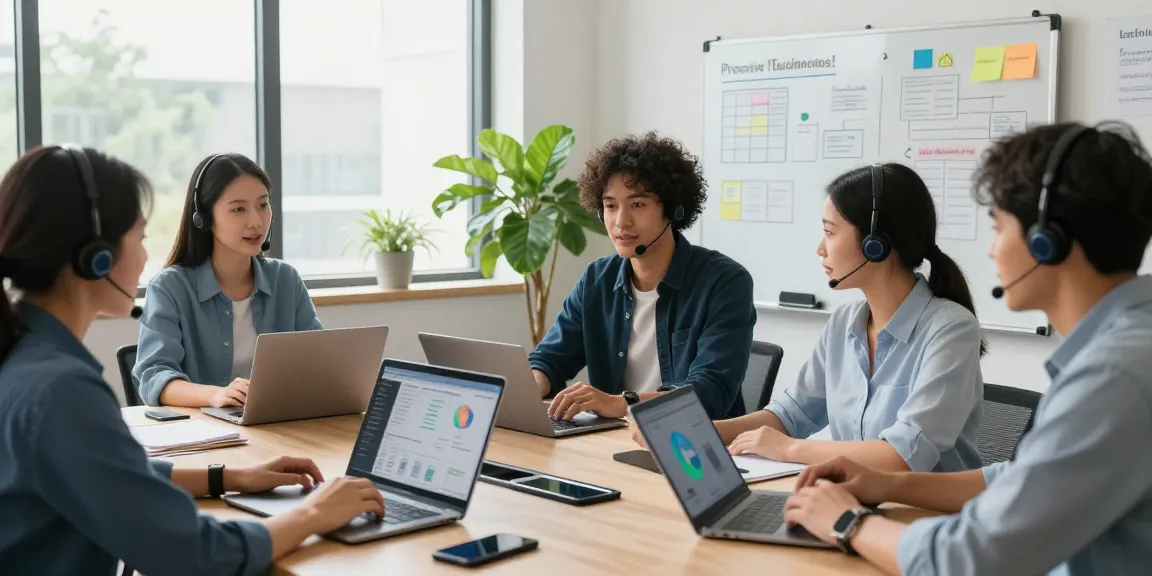 IT support for small business team collaborating in a modern office, discussing proactive strategies.
