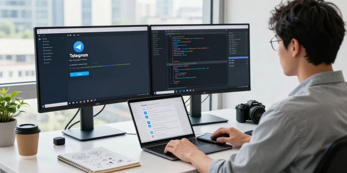 telegram ios china - Developer working on Telegram app interface in Chinese at a modern tech workspace.