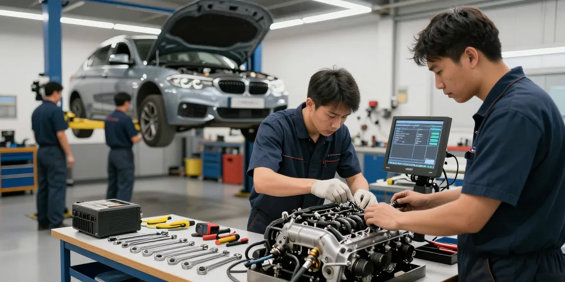 Professionelles Werkstattteam bei der Arbeit an einem BMW in der bmw werkstatt Hannover.