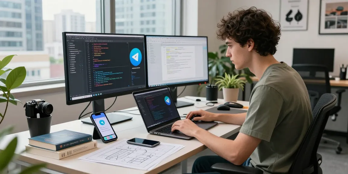 Developer programming Telegram iOS China app in urban workspace.